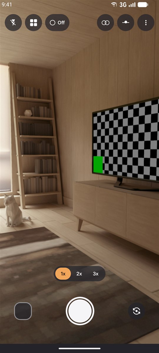 The Live Camera viewfinder on an Android phone, with the filter, grid and level controls along the top