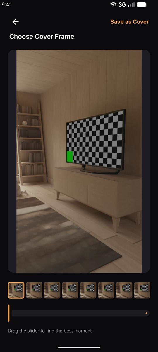 The cover frame editor with a filmstrip of frames from the clip