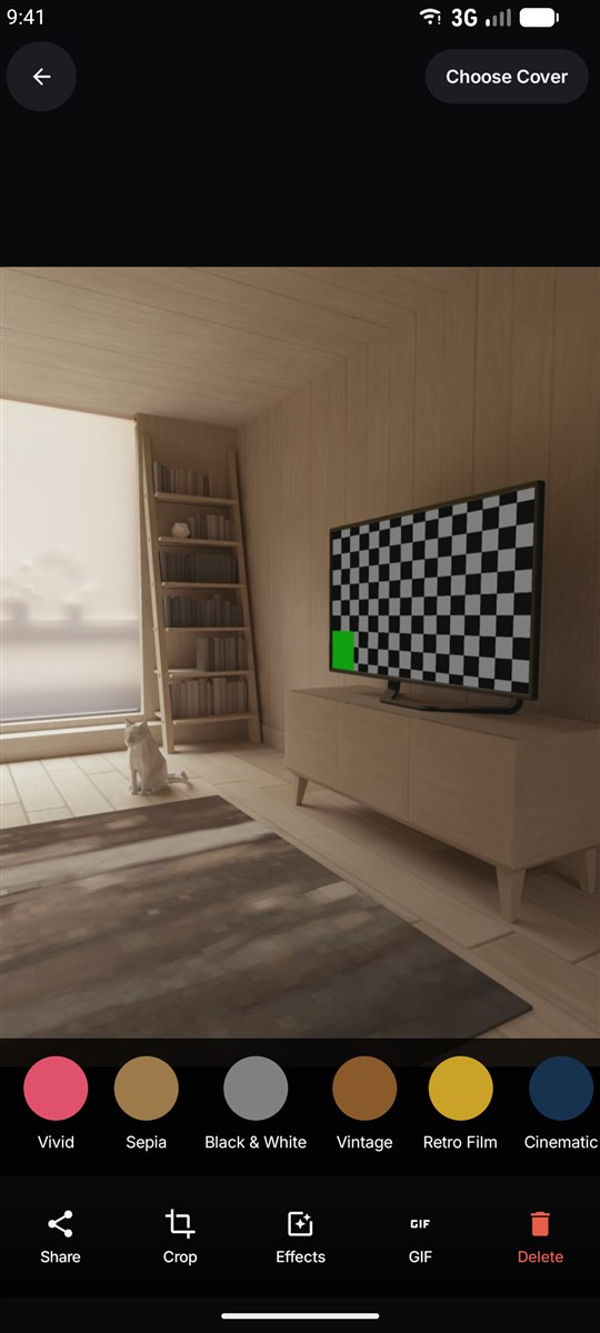 A Live Photo open in Live Camera with the bottom action row showing Share, Crop, Effects, GIF and Delete