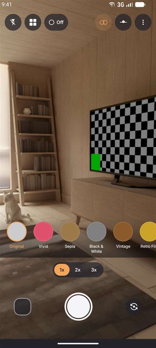The filter row open in the Live Camera viewfinder