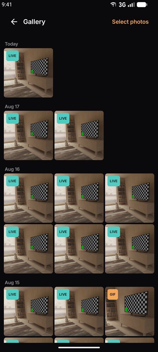 The Live Camera gallery grid showing photos badged LIVE and an exported GIF badged GIF