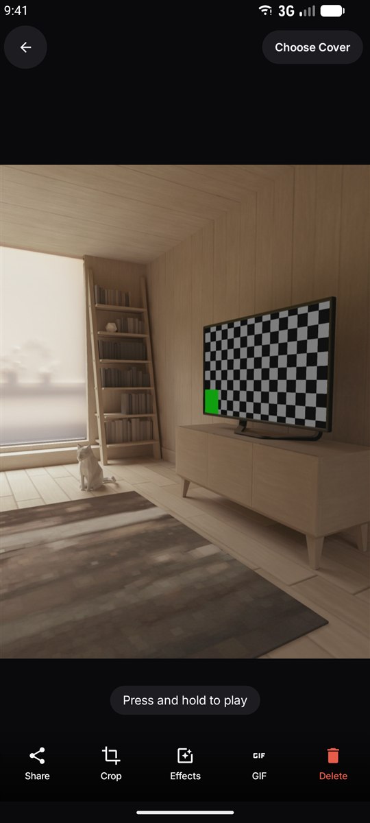 A saved Live Photo open in Live Camera, with the press-and-hold-to-play hint